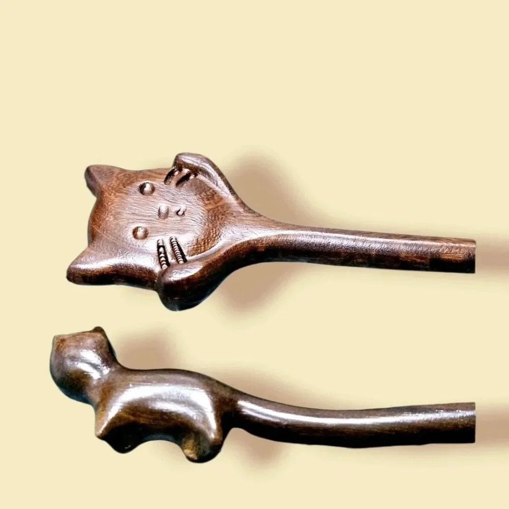 Wood Cat Face & Body Stick Chinese Style Women Hairpin Headwear Hair Fork Set 2